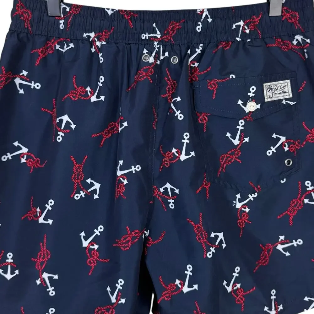 Polo Ralph Lauren Nautical Anchor Print Elastic Waist Swim Trunks Shorts Pockets